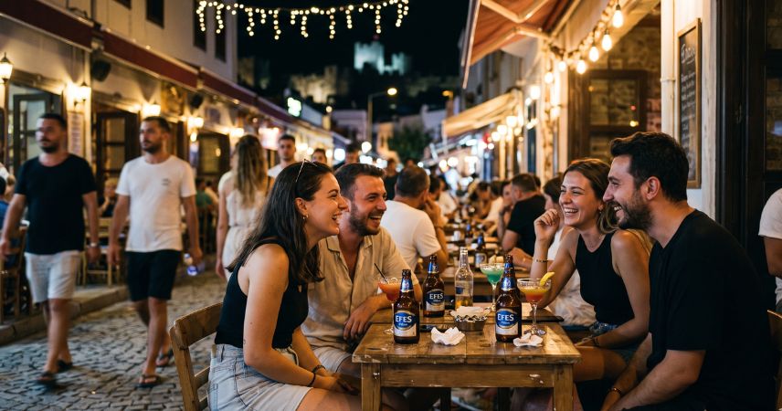 A candid shot of friends laughing and enjoying local beers at an outdoor table on a vibrant cobblestone street, capturing the authentic Bodrum nightlife atmosphere with the silhouette of Bodrum Castle softly illuminated in the background.