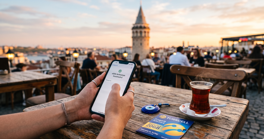 A tourist successfully activating an eSIM on a smartphone at an Istanbul cafe, with a Turkcell prepaid SIM card, traditional Turkish tea, and an evil eye bead on the table, with Galata Tower in the background