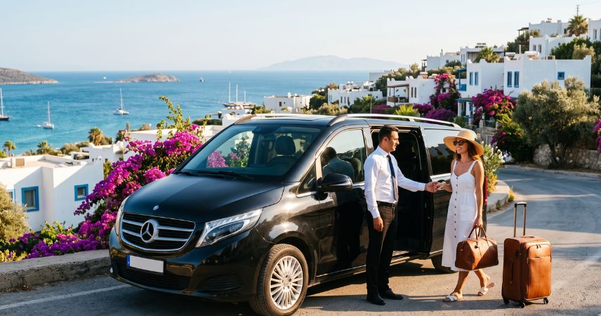 A male chauffeur in a white shirt and dark trousers is assisting a smiling female passenger, wearing a light summer dress and a straw hat, into a black Mercedes-Benz premium passenger van. Chauffeur holds her hand and a travel bag as she steps through the open sliding door. A medium-sized brown rolling suitcase rests on the pavement near the van's rear wheel. The scene is on a scenic coastal hillside overlooking a traditional Mediterranean village with white-washed houses, prominent purple bougainvillea flowers cascading down the slopes, and a turquoise sea bay dotted with yachts and distant islands under a blue sky.